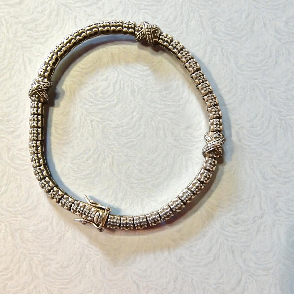 Sterling Silver And CZ Textured X Link Embellished Bracelet